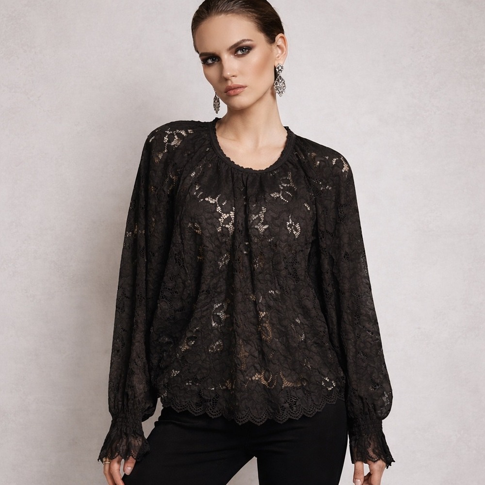 Free People Black Lace Blouse Romantic Sheer Scalloped Hem Oversized Size Small